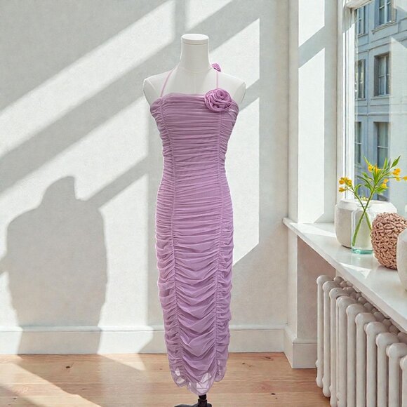 Lilac Ruched Halter Midi Dress ASTR The Label Floral Detail Romantic Occasion - Picture 1 of 12